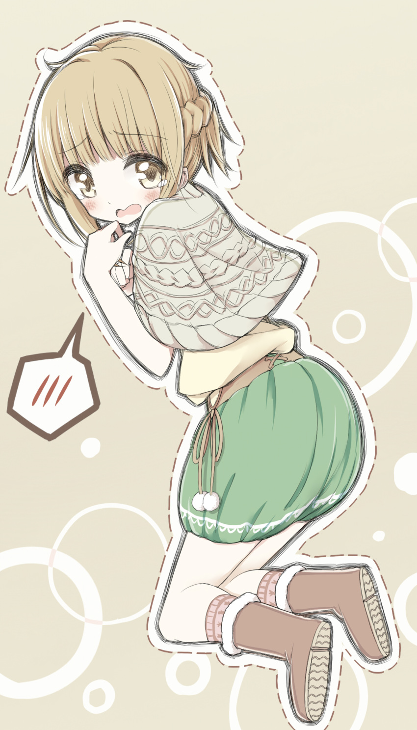 ayanepuna bangs blush brown_background brown_capelet brown_eyes brown_footwear brown_legwear brown_shirt capelet dotted_line eyebrows_visible_through_hair fur-trimmed_boots fur_trim green_skirt hands_up highres kneehighs light_brown_hair looking_at_viewer looking_to_the_side open_mouth outline pom_pom_(clothes) shirt skirt solo spoken_blush tears tokyo_7th_sisters tsunomori_rona