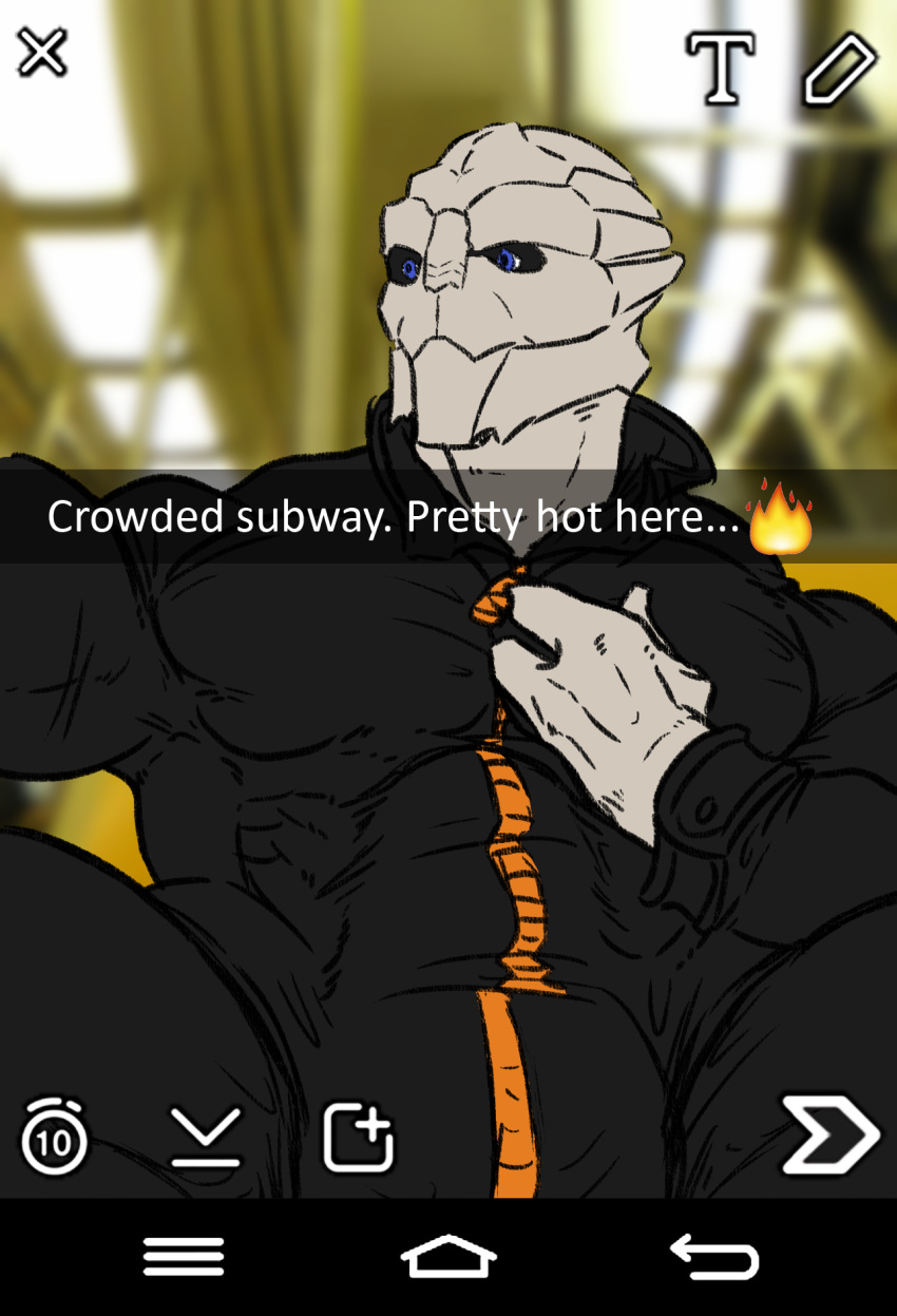 alien bulge clothed clothing english_text erection erection_under_clothes garrus_vakarian male mass_effect mr_canvas muscular muscular_male selfie snapchat text tracksuit turian video_games