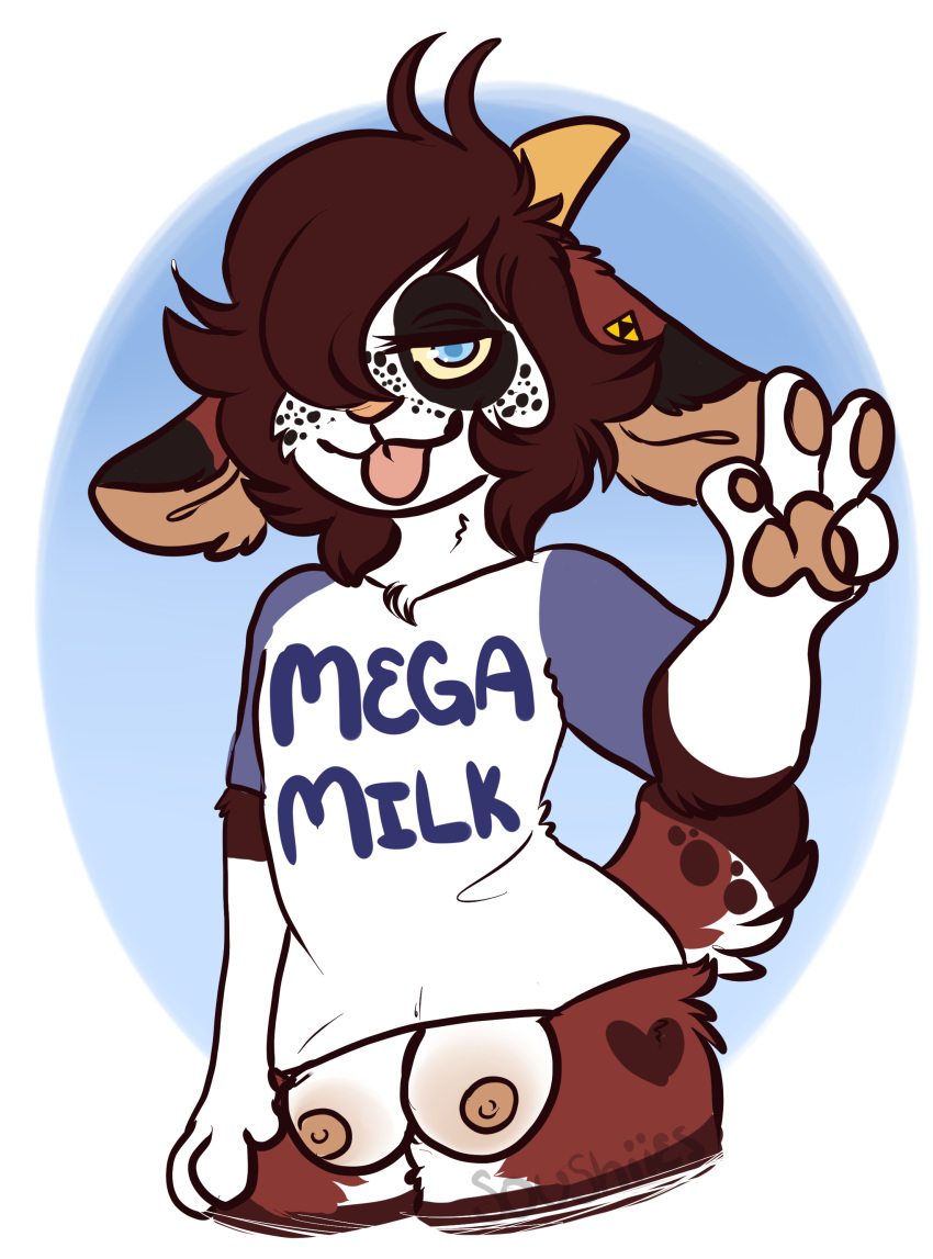 &lt;3 anthro blue_eyes female flat_chested freckles fur horn mega_milk milo nub_tail peace_sign_(disambiguation) red_fur soushiies spots teats tongue tongue_out
