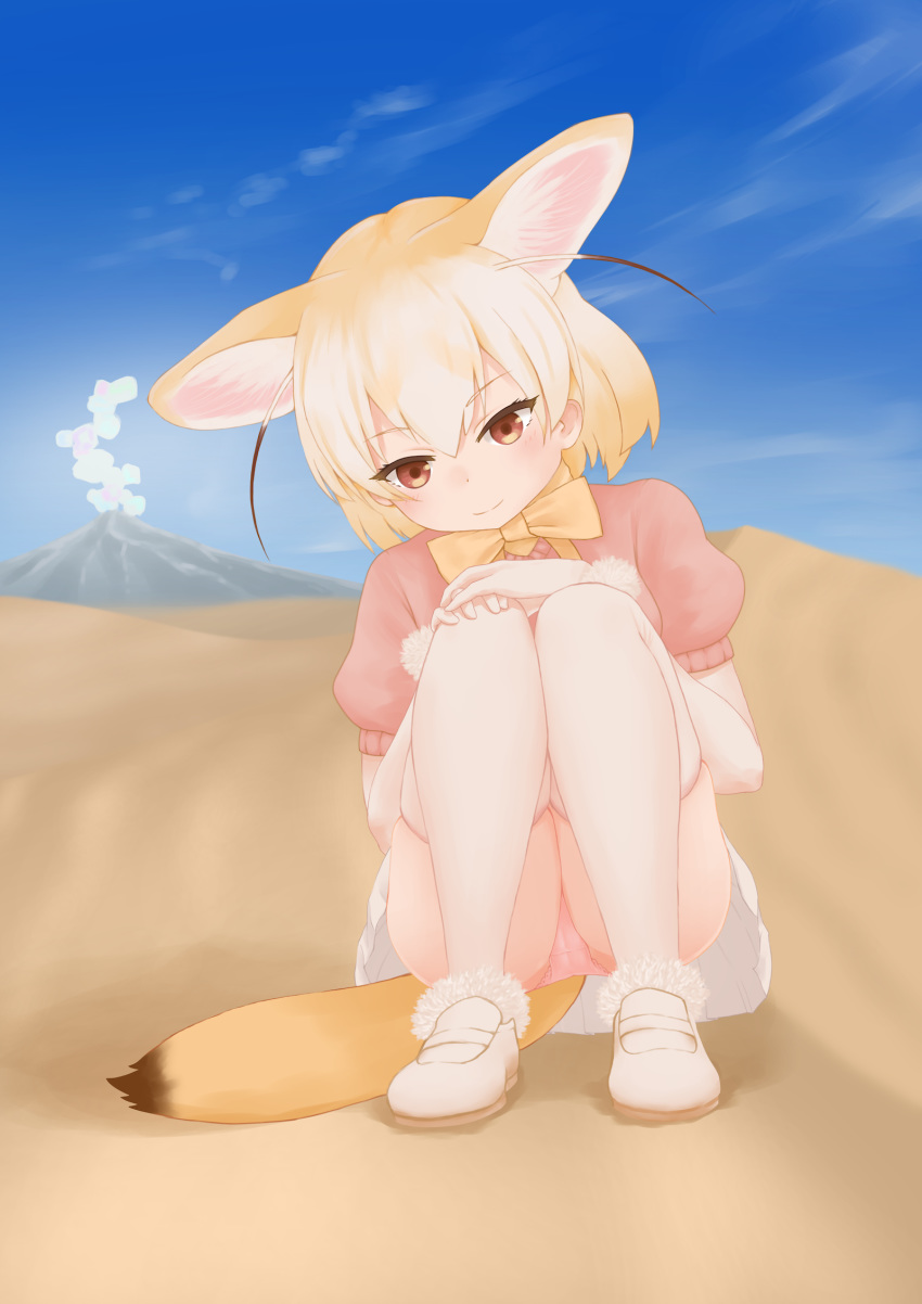 ancroid animal_ears blonde_hair blush brown_eyes day desert fennec_(kemono_friends) fox_ears fox_tail highres kemono_friends panties pantyshot pantyshot_(sitting) pink_panties sitting skirt sky smile solo tail thighhighs underwear white_legwear