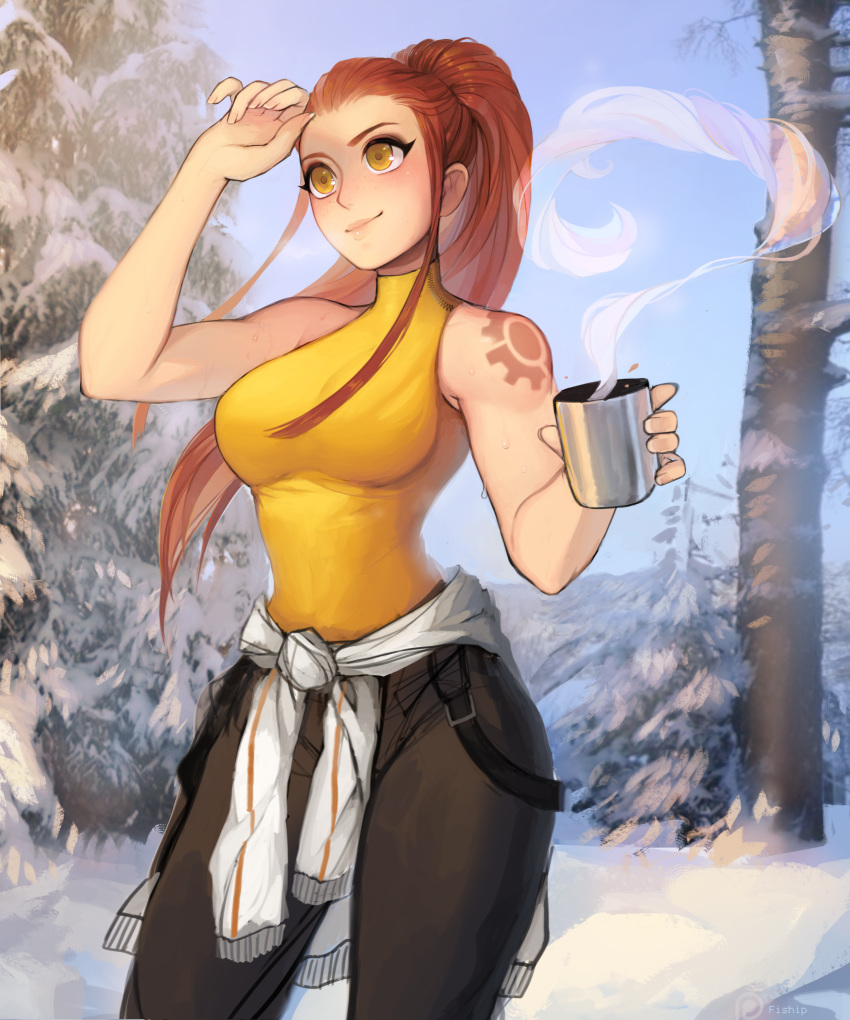 absurdres artist_name bare_shoulders blue_sky breasts brigitte_(overwatch) brown_hair clothes_around_waist commentary cowboy_shot cup day hair_pulled_back hand_to_forehead highres holding holding_cup long_hair looking_away matilda_vin medium_breasts outdoors overwatch pants patreon_logo ponytail shirt shoulder_tattoo sidelocks sky sleeveless sleeveless_shirt smile smirk snow solo standing steam sweat tattoo tree watermark winter yellow_eyes