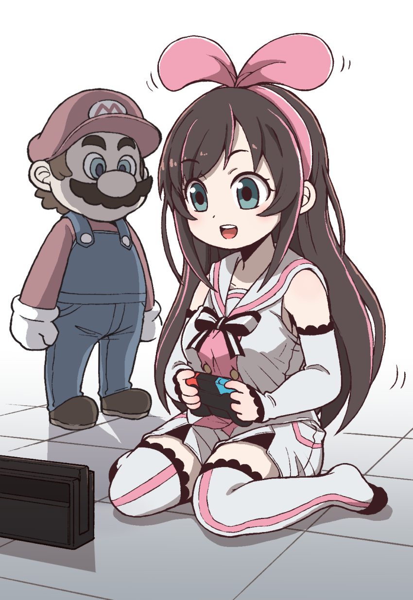 1girl a.i._channel blue_eyes bow brown_footwear brown_hair commentary detached_sleeves eyebrows_visible_through_hair facial_hair gloves hair_bow hairband hat highres kizuna_ai long_hair mario mario_(series) multicolored_hair mustache nazonazo_(nazonazot) nintendo nintendo_switch open_mouth overalls pink_bow pink_hair red_hat red_shirt sailor_collar shaded_face shirt shorts smile streaked_hair super_mario_bros. teeth thighhighs virtual_youtuber white_gloves