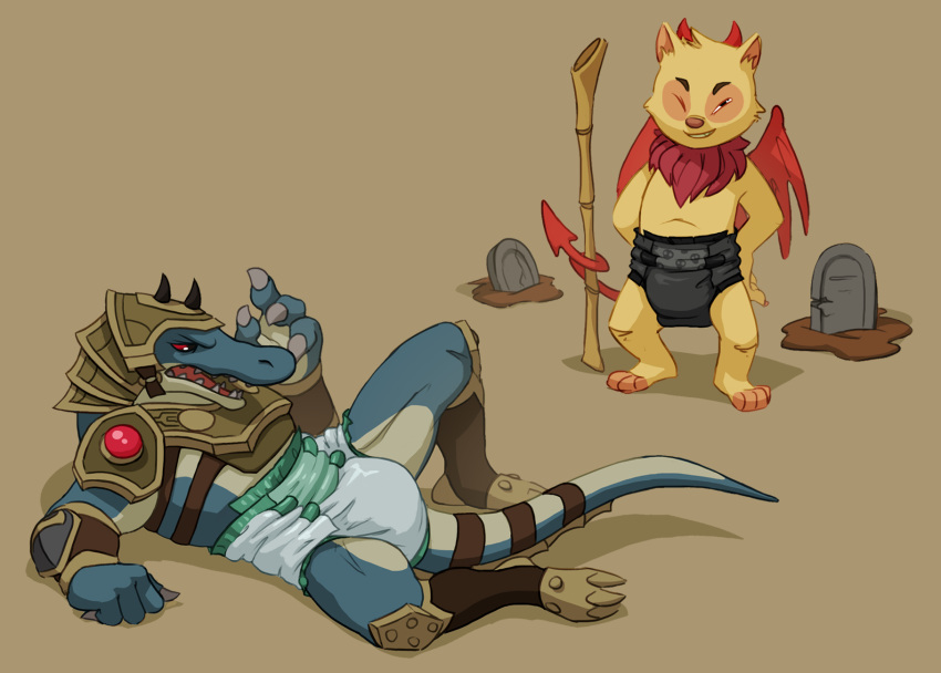 anthro bottomless clothed clothing crackajackin crocodilian demon diaper league_of_legends male multiple_images renekton reptile riot_games scalie simple_background teemo_(lol) video_games yordle