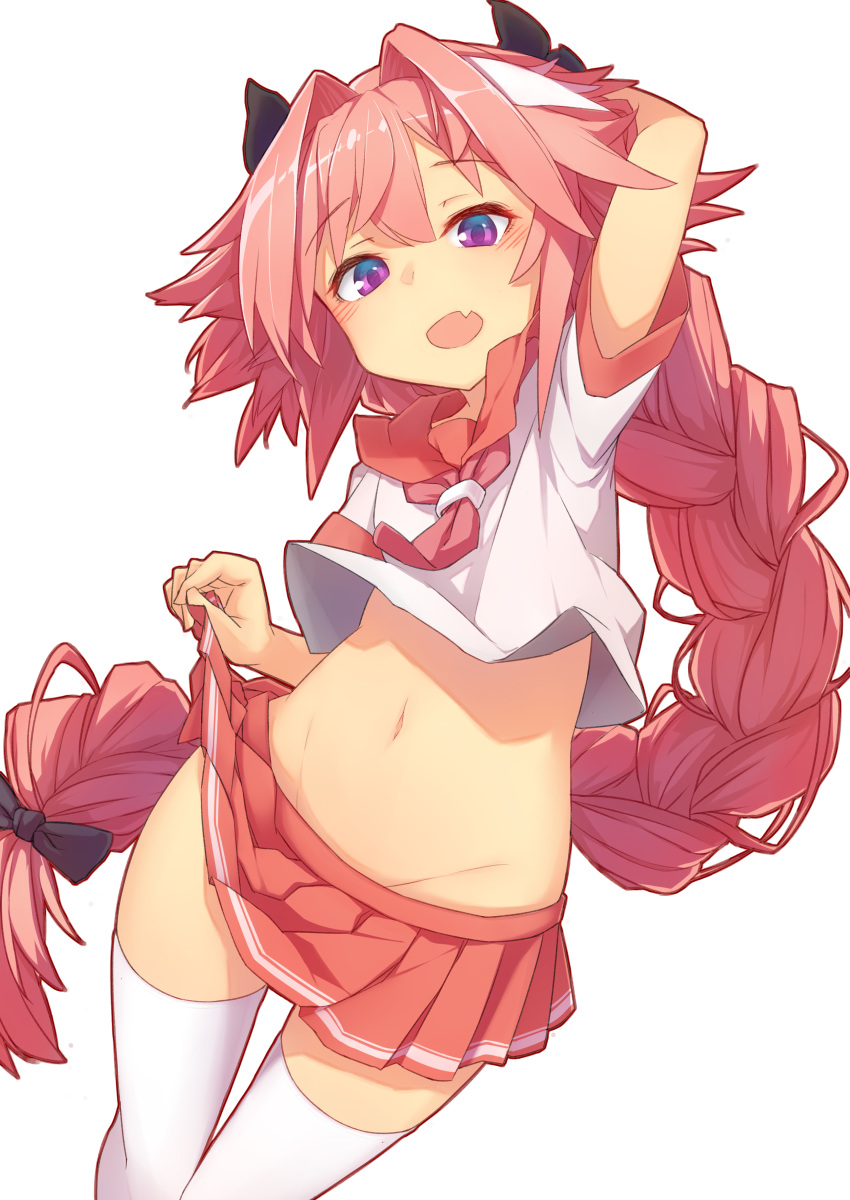 :d absurdres arm_behind_head arm_up astolfo_(fate) bangs big_hair black_bow blush bow braid commentary cowboy_shot crop_top crop_top_overhang crossdressing dutch_angle eyebrows_visible_through_hair fang fate/apocrypha fate/grand_order fate_(series) groin hair_bow hair_intakes half-closed_eyes hand_up head_tilt highres lifted_by_self long_hair looking_at_viewer male_focus miniskirt multicolored_hair navel neckerchief open_mouth orihiro0614 otoko_no_ko parted_bangs pink_hair pink_neckwear pink_sailor_collar pink_skirt pleated_skirt purple_eyes raised_eyebrows sailor_collar school_uniform serafuku shirt short_sleeves simple_background single_braid skirt skirt_lift sleeve_cuffs smile solo standing stomach streaked_hair thigh_gap thighhighs two-tone_hair very_long_hair white_background white_hair white_legwear white_shirt zettai_ryouiki