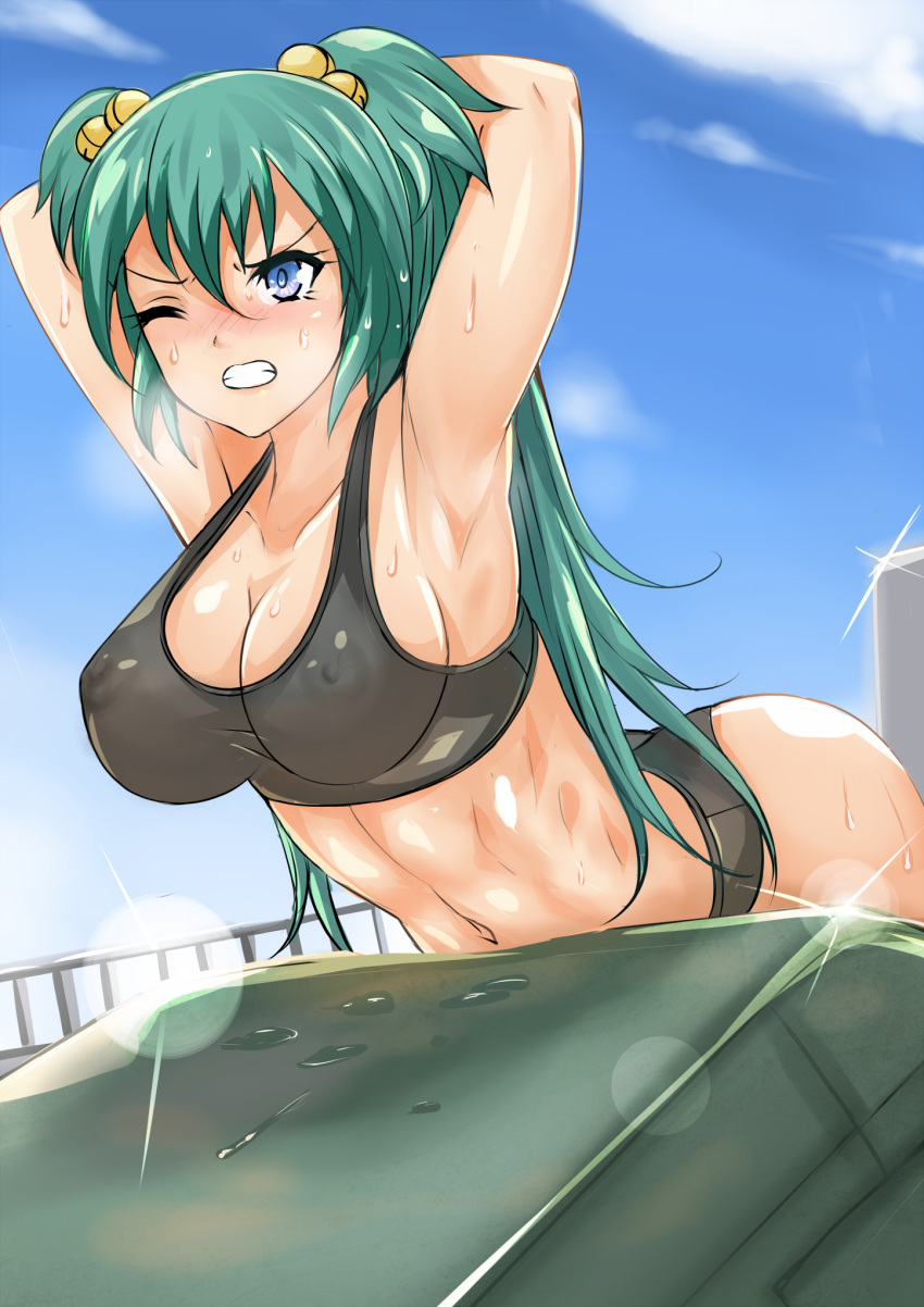 abs armpits bell black_bra bra breasts cleavage clenched_teeth covered_nipples cui_yifei exercise green_hair hair_bell hair_ornament highres j-10_(muvluv) large_breasts long_hair muvluv muvluv_alternative navel nonoririn one_eye_closed purple_eyes sideboob solo sports_bra sweat teeth two_side_up underwear wince
