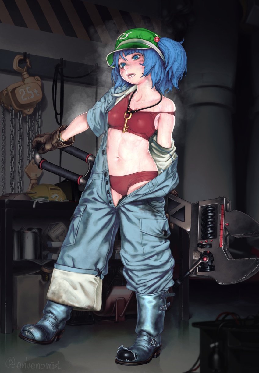 ass_visible_through_thighs battery blue_eyes blue_hair blush boots bra breasts brown_gloves cameltoe collarbone commentary_request covered_nipples dirty_face full_body gengoroumaru_(ambidextrous) gloves green_hat hair_bobbles hair_ornament hat heavy_breathing highres holding indoors jumpsuit kawashiro_nitori key medium_breasts navel nipples off_shoulder oversized_object panties red_bra red_panties solo standing steaming_body sweat touhou twitter_username two_side_up underwear welding_mask wrench