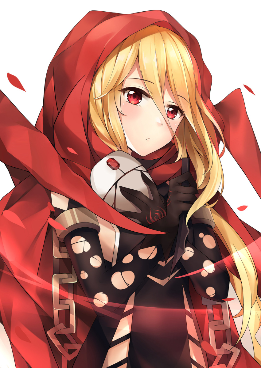 bangs black_dress black_gloves blonde_hair chain chained cloak commentary_request cuffs dress elbow_gloves evileye eyebrows_visible_through_hair gloves hair_between_eyes highres holding holding_mask hood hood_up hooded_cloak long_hair mask mask_removed overlord_(maruyama) red_cloak red_eyes ruby_(stone) shackles simple_background solo vampire white_background yukinoshita_(shaonjishi)