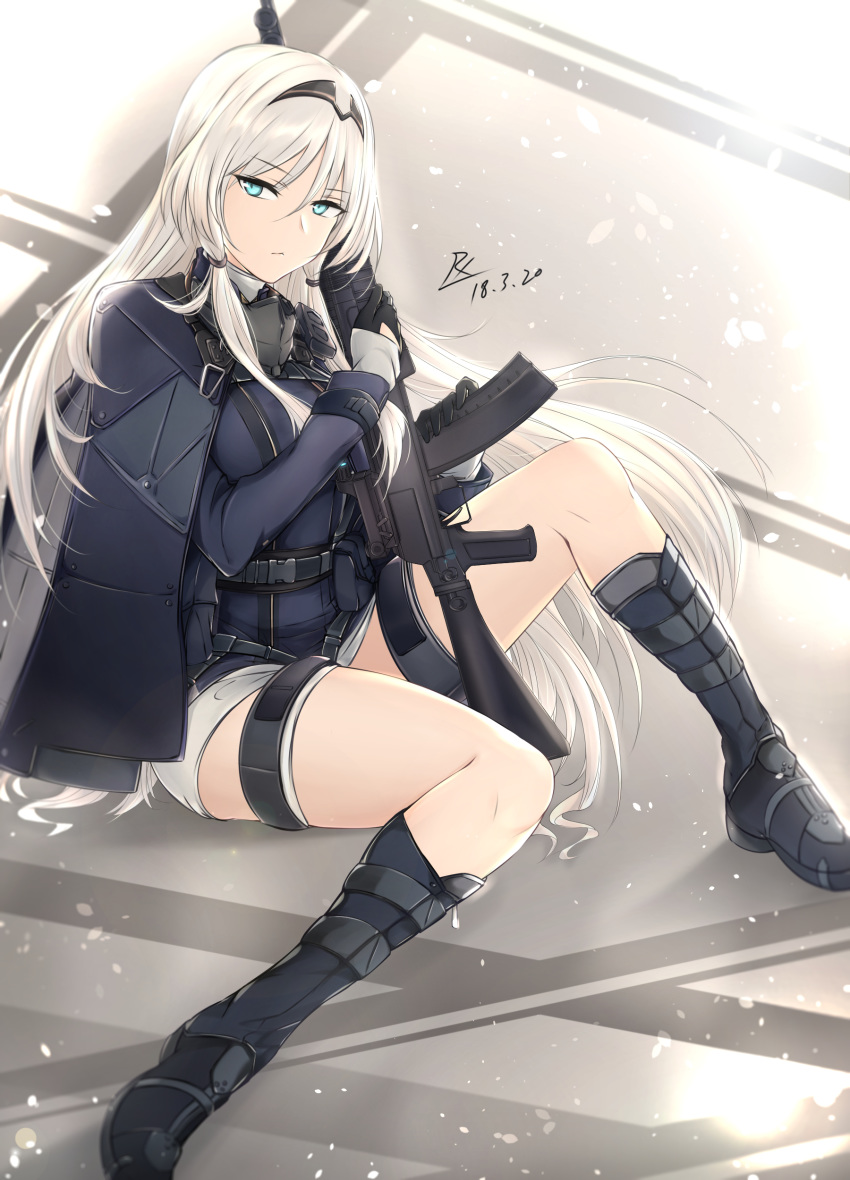 absurdres an-94 an-94_(girls_frontline) assault_rifle bangs black_gloves blonde_hair blue_eyes boots braid breasts closed_mouth coat commentary_request dated eyebrows_visible_through_hair floating_hair girls_frontline gloves gun hairband highres holding holding_gun holding_weapon knee_boots knee_up long_hair long_sleeves looking_at_viewer mask medium_breasts petals rifle short_shorts shorts sidelocks signature silver_hair sitting tactical_clothes thigh_strap thighs walkie-talkie weapon white_shorts wind zhishi_ge_fangzhang