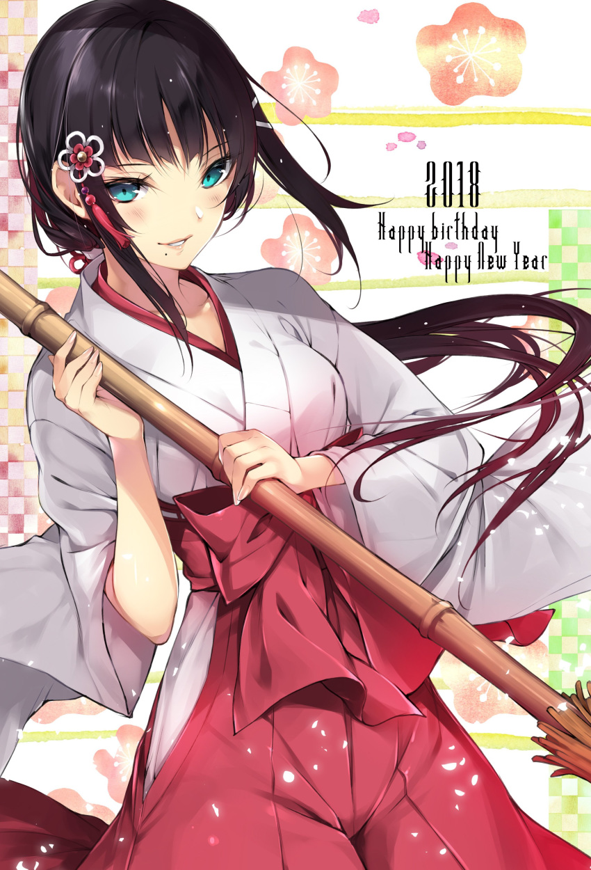 2018 absurdres aqua_eyes black_hair blush broom checkered checkered_border commentary_request floral_background flower hair_flower hair_ornament hakama happy_birthday happy_new_year hario_4 highres japanese_clothes kurosawa_dia long_hair love_live! love_live!_sunshine!! low_ponytail miko mole mole_under_mouth new_year parted_lips petals red_hakama solo tassel very_long_hair wide_sleeves