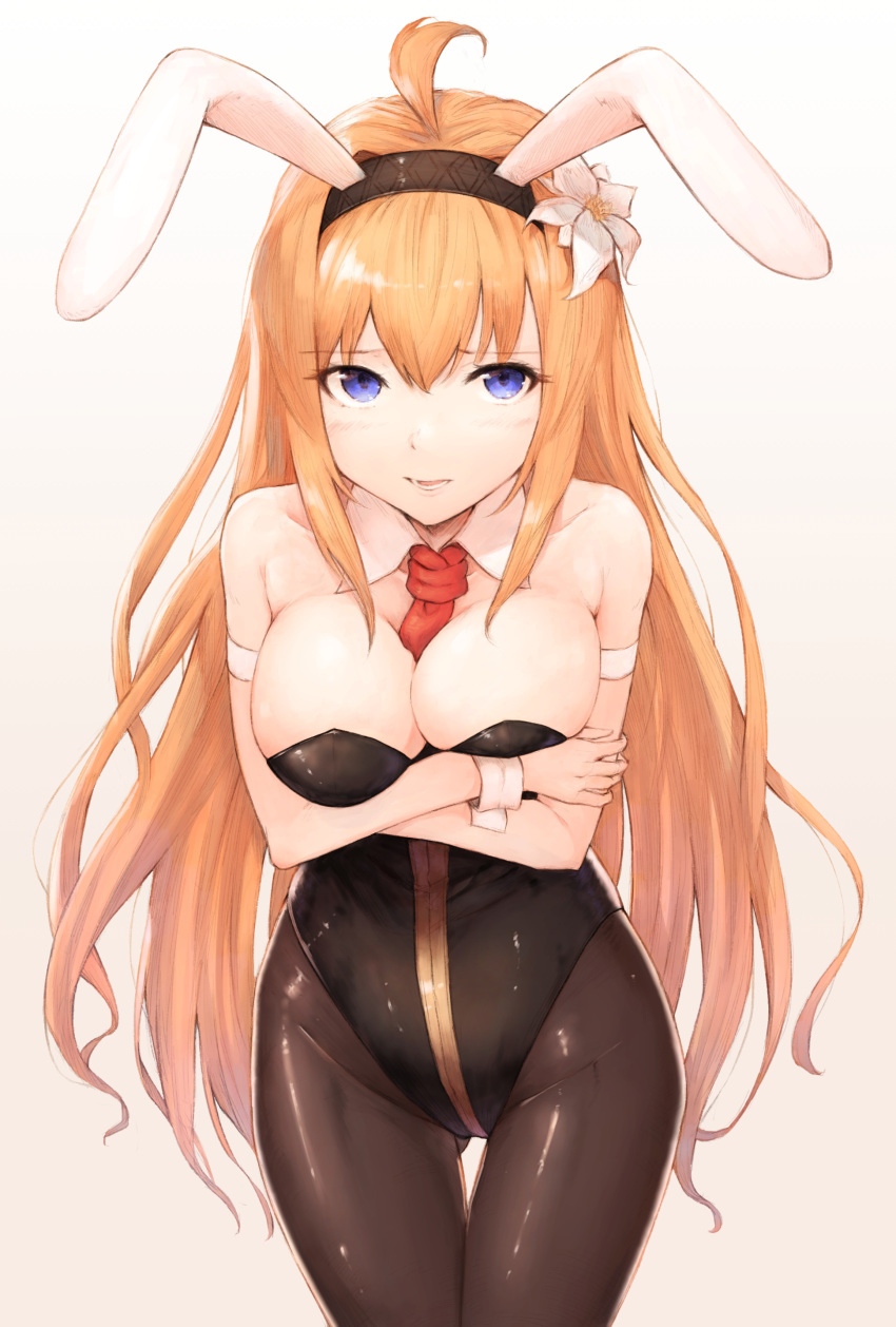 absurdres ahoge animal_ears ass_visible_through_thighs between_breasts black_leotard blonde_hair blue_eyes breast_squeeze breasts brown_legwear bunny_ears bunny_girl bunny_tail bunnysuit cleavage commentary_request cowboy_shot crossed_arms detached_collar flower granblue_fantasy hair_flower hair_ornament highres jeanne_d'arc_(granblue_fantasy) koretsuki_azuma large_breasts leotard long_hair looking_at_viewer necktie pantyhose red_neckwear solo strapless strapless_leotard tail thigh_gap white_background wrist_cuffs