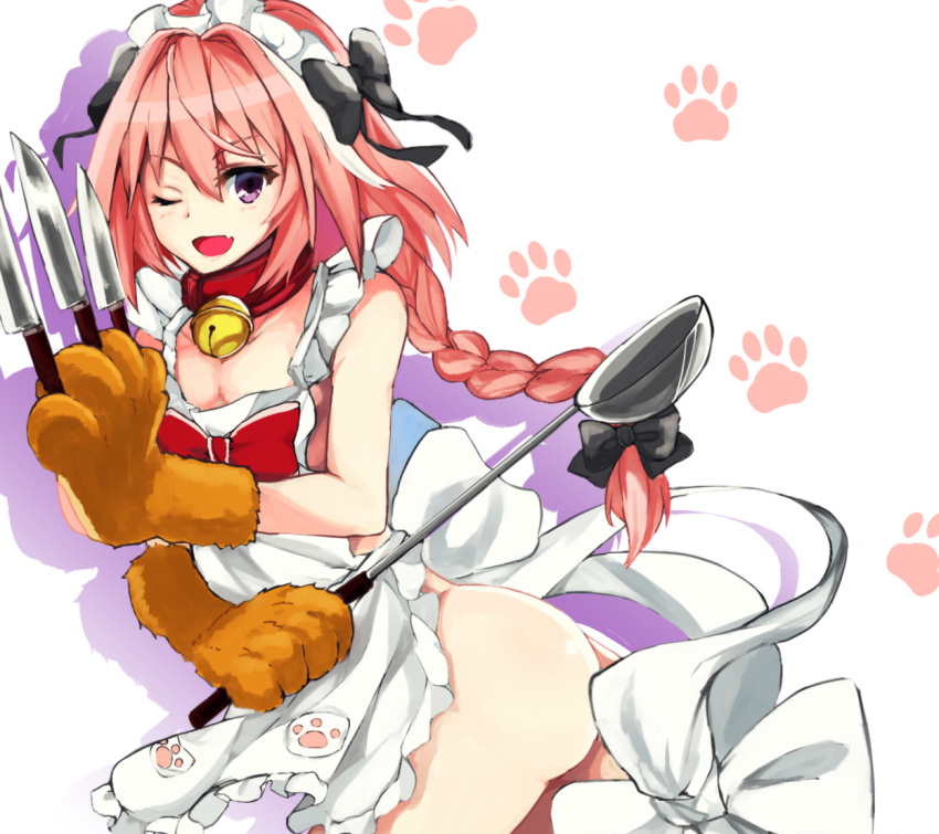 ;d ahoge alternate_costume apron arched_back ass astolfo_(fate) bangs bare_arms bare_shoulders bell bell_collar belt_collar black_bow blush bow braid collar collarbone commentary_request cosplay cowboy_shot crossdressing dot_nose enmaided eyebrows_visible_through_hair fang fate/apocrypha fate/grand_order fate_(series) frilled_apron frills from_side gloves hair_between_eyes hair_bow hair_intakes hands_up holding holding_knife jingle_bell knife knives_between_fingers ladle large_bow leaning_forward long_hair looking_at_viewer looking_to_the_side maid maid_headdress male_focus multicolored_hair naked_apron one_eye_closed open_mouth otoko_no_ko paw_gloves paw_print paw_print_pattern paws pink_hair purple_eyes red_bow red_collar shiromeneko simple_background single_braid sleeveless smile solo standing streaked_hair tamamo_(fate)_(all) tamamo_cat_(fate) tamamo_cat_(fate)_(cosplay) two-tone_hair white_apron white_background white_bow white_hair