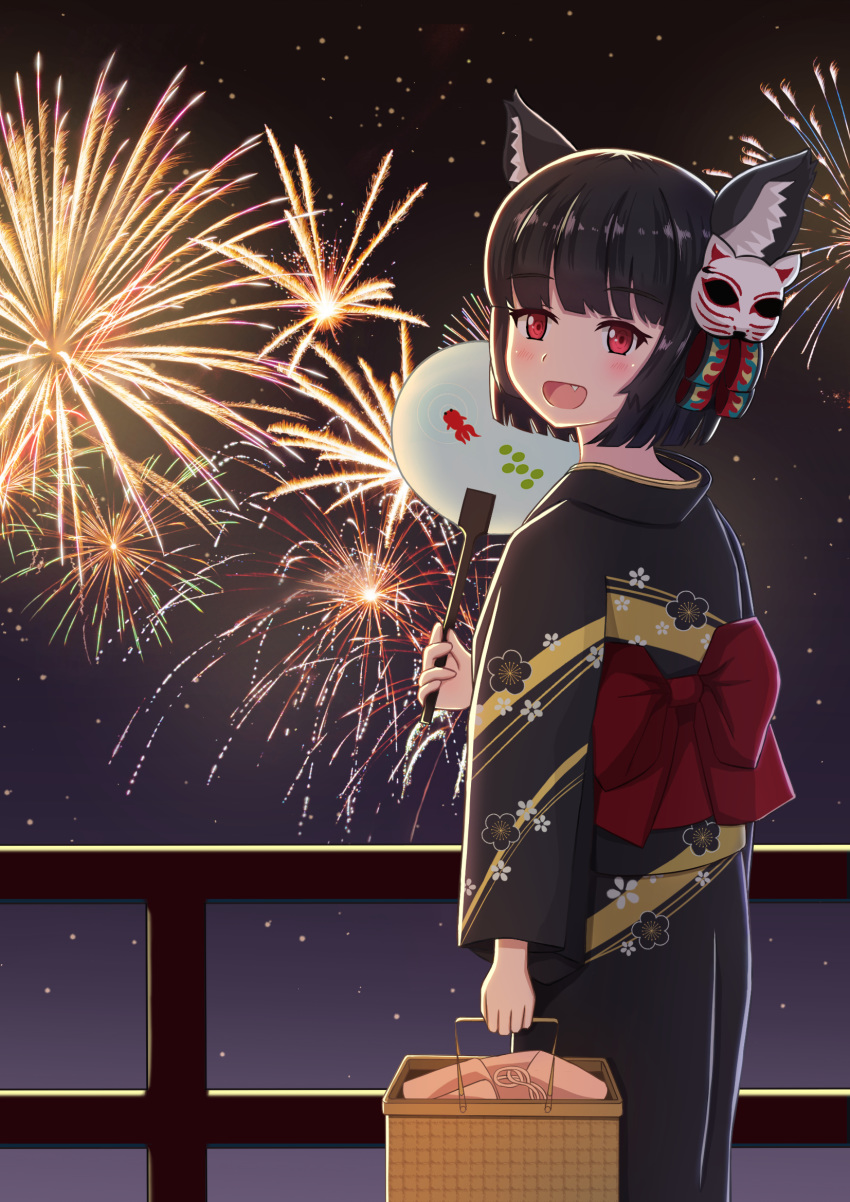 animal_ears azur_lane basket biako black_hair bow commentary_request eyebrows_visible_through_hair fan fang fireworks floral_print highres holding holding_basket japanese_clothes kimono looking_back mask mask_on_head night night_sky obi open_mouth paper_fan red_eyes sash short_hair sky standing yamashiro_(azur_lane) yukata