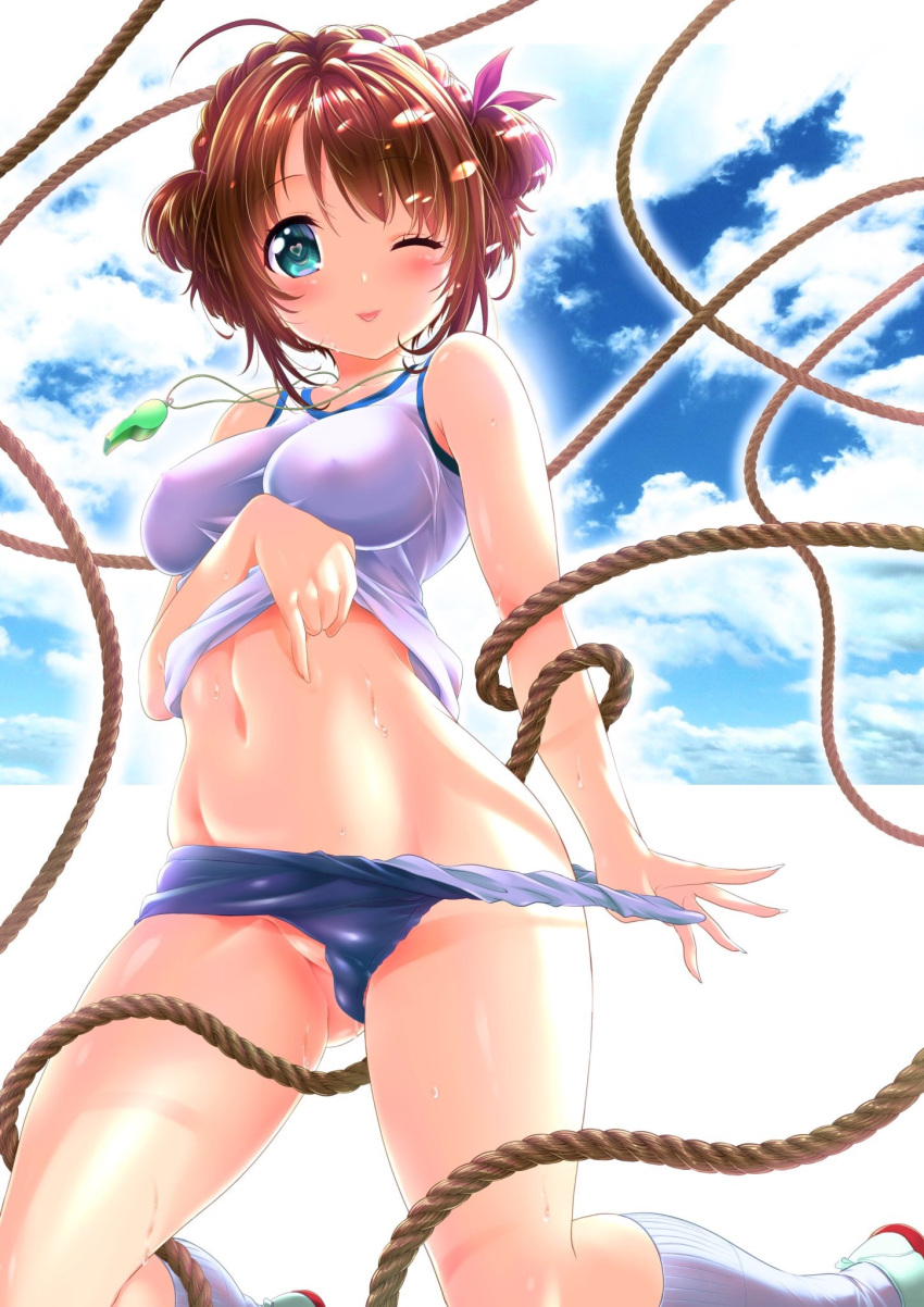 ;p ahoge arm_at_side ass_visible_through_thighs bangs bare_arms bare_shoulders blue_shorts blue_sky blush braid breasts brown_hair cleavage clothes_lift cloud cloudy_sky collarbone commentary_request covered_nipples crown_braid day eyebrows_visible_through_hair eyelashes fingernails green_eyes groin gym_shorts gym_uniform hair_ornament hair_ribbon hand_up heart heart-shaped_pupils highres kneehighs kneeling legs legs_apart lifted_by_self long_fingernails looking_at_viewer medium_breasts midriff navel no_panties one_eye_closed original outdoors purple_ribbon ran_(yamatoagu) ribbon rope shirt shirt_lift shoes short_hair short_shorts shorts skindentation sky solo stomach sweat symbol-shaped_pupils taut_clothes taut_shirt tongue tongue_out two_side_up uwabaki whistle white_footwear white_legwear