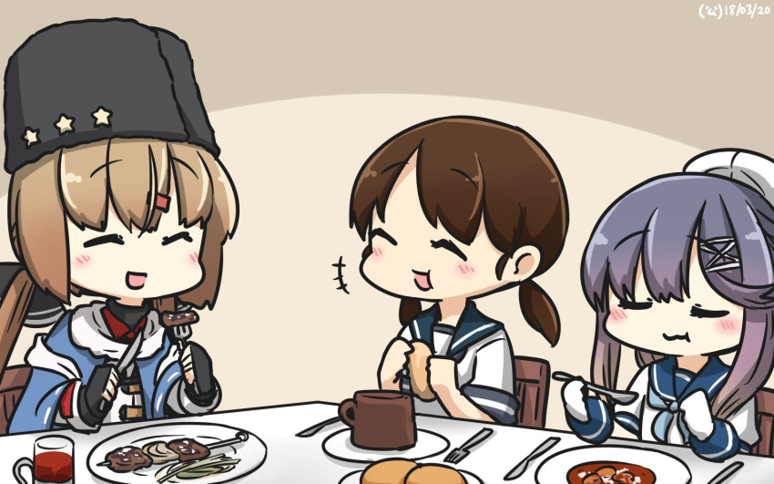 black_hat blue_shawl blush bread brown_hair chair closed_eyes commentary dated eating fingerless_gloves food fork gloves gradient_hair hair_ornament hairclip hamu_koutarou hat highres holding holding_food kantai_collection knife low_twintails multicolored_hair multiple_girls open_mouth papakha plate sailor_collar sailor_hat school_uniform serafuku shirayuki_(kantai_collection) table tashkent_(kantai_collection) tsushima_(kantai_collection) twintails