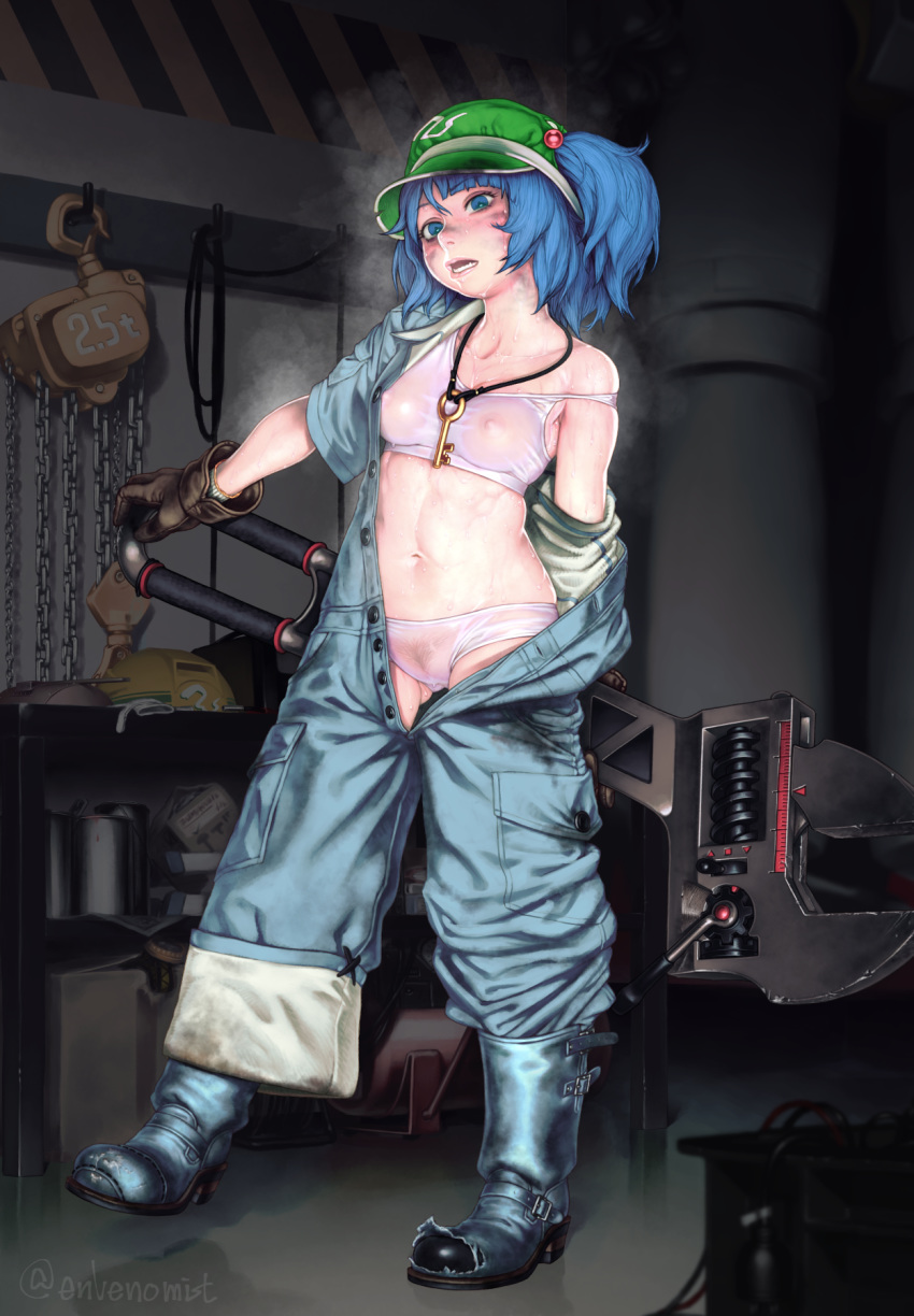 ass_visible_through_thighs battery blue_eyes blue_hair blush boots bra breasts brown_gloves cameltoe collarbone commentary_request dirty_face full_body gengoroumaru_(ambidextrous) gloves green_hat hair_bobbles hair_ornament hat heavy_breathing highres holding indoors jumpsuit kawashiro_nitori key medium_breasts navel nipples off_shoulder open_clothes oversized_object panties pubic_hair see-through solo standing steaming_body sweat teeth touhou twitter_username two_side_up unbuttoned underwear welding_mask white_bra white_panties wrench