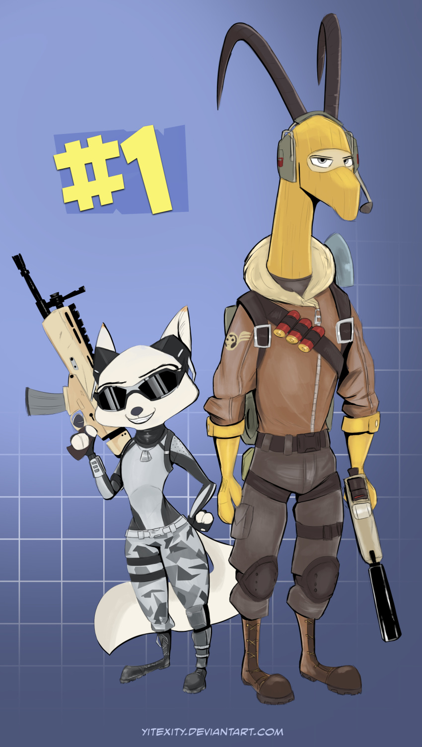 2018 antelope anthro arctic_fox backpack bandolier belt boots canine clothed clothing crossover disney dog_tags duo eyewear fan_character female fingerless_gloves footwear fortnite fox gloves gun hand_on_hip handgun headphones headset holding_object holding_weapon horn knee_pads male mammal mask oliver_hornski pattern_background pistol ranged_weapon rifle shotgun_shell silencer simple_background ski_mask skye_(zootopia) standing sunglasses url weapon yitexity zootopia