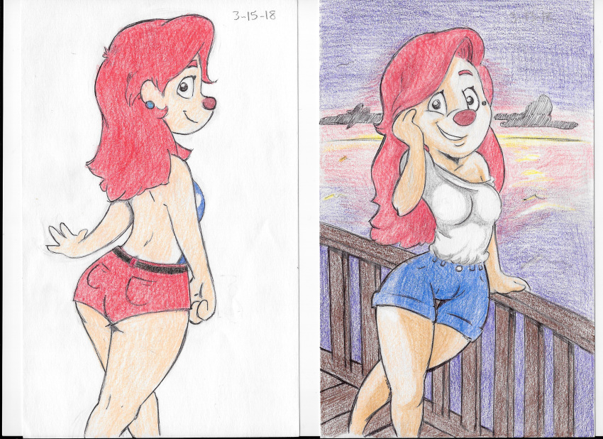2018 breasts butt canine clothed clothing cloud disney ear_piercing female goof_troop hair leaning looking_back mammal mole outside piercing postdisease red_hair roxanne_(goof_troop) sea shorts side_boob simple_background skimpy smile sunset texas_chainsaw_massacre thigh_gap traditional_media_(artwork) water white_background