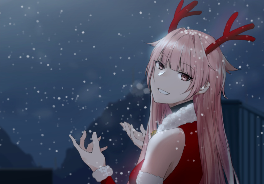 antlers bangs bare_shoulders bell bell_choker breasts check_commentary choker commentary commentary_request detached_sleeves eyebrows_visible_through_hair girls_frontline long_hair looking_at_viewer looking_back medium_breasts night ntw-20_(girls_frontline) parted_lips pink_eyes pink_hair reindeer_antlers santa_costume sidelocks smile snow snowing solo xiujia_yihuizi