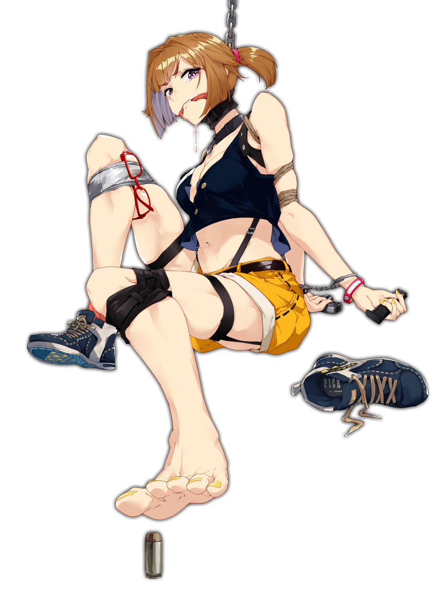 absurdres barefoot bdsm bondage bound brown_eyes cartridge collar cuffs eyewear_removed feet full_body gag girls_frontline grizzly_mkv_(girls_frontline) gun handcuffs highres magazine_(weapon) midriff pick'k ponytail purple_eyes restrained shoes shorts single_shoe skindentation soles solo toenail_polish transparent_background weapon