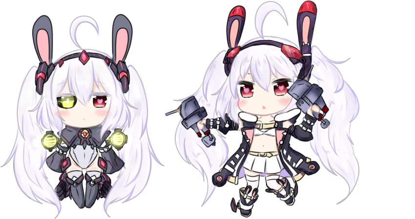 :&lt; absurdly_long_hair ahoge alternate_costume animal_ears azur_lane bailingxiao_jiu bangs black_footwear black_hairband black_jacket blush boots bunny_ears cannon chibi closed_mouth collarbone commentary_request detached_sleeves dual_persona eyebrows_visible_through_hair green_eyes hair_between_eyes hairband heart heart-shaped_pupils heterochromia holding jacket knee_boots laffey_(azur_lane) leotard long_hair long_sleeves looking_at_viewer multiple_girls navel open_clothes open_jacket parted_lips pleated_skirt puffy_long_sleeves puffy_sleeves red_eyes searchlight sidelocks silver_hair simple_background skirt sleeveless_jacket sleeves_past_fingers sleeves_past_wrists standing standing_on_one_leg symbol-shaped_pupils thighhighs thighhighs_under_boots turret twintails very_long_hair white_background white_legwear white_leotard white_skirt wide_sleeves