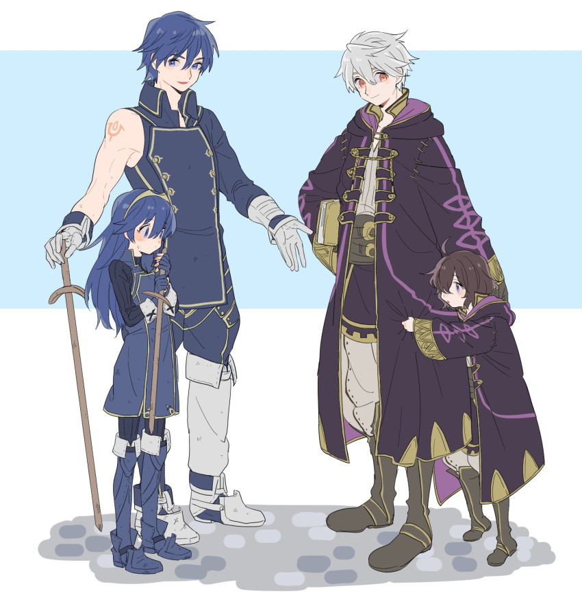 2girls ahoge blue_eyes blue_hair blush book boots brown_hair cape falchion_(fire_emblem) father_and_daughter fingerless_gloves fire_emblem fire_emblem:_kakusei gloves highres hood hooded_jacket itou_(very_ito) jacket krom long_hair lucina male_my_unit_(fire_emblem:_kakusei) mark_(female)_(fire_emblem) mark_(fire_emblem) multiple_boys multiple_girls my_unit_(fire_emblem:_kakusei) open_mouth robe short_hair smile tiara white_hair younger