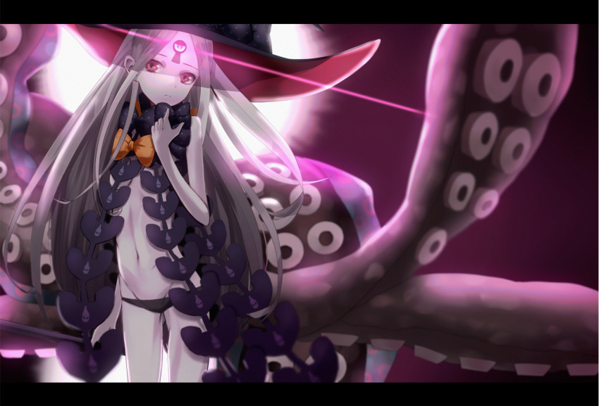 abigail_williams_(fate/grand_order) bangs black_bow black_hat black_panties bow closed_mouth commentary_request fate/grand_order fate_(series) glowing groin hand_up hat hat_bow ka1se1 long_hair looking_at_viewer navel orange_bow pale_skin panties parted_bangs polka_dot polka_dot_bow red_eyes revealing_clothes silver_hair solo suction_cups tentacles topless underwear very_long_hair witch_hat