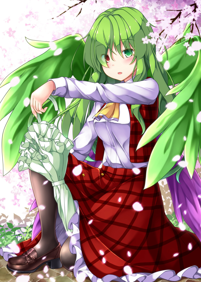 aka_tawashi ascot black_legwear blush breasts brown_footwear commentary_request eyebrows_visible_through_hair feathered_wings floral_background flower green_eyes green_hair green_wings heterochromia highres kazami_yuuka kazami_yuuka_(pc-98) long_hair long_sleeves looking_at_viewer medium_breasts one_knee pantyhose parted_lips petals petticoat pink_flower plaid plaid_skirt plaid_vest purple_wings red_eyes red_skirt red_vest shirt shoes skirt solo touhou touhou_(pc-98) umbrella vest white_shirt wings yellow_neckwear