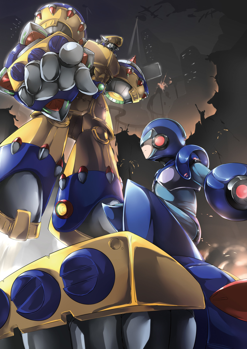 absurdres android angetsu_no_koshousha arm_cannon cape commentary_request covered_eyes facial_hair general_(rockman_x) helmet helmet_over_eyes hidden_eyes highres mecha multiple_boys mustache rockman rockman_x weapon x_(rockman)