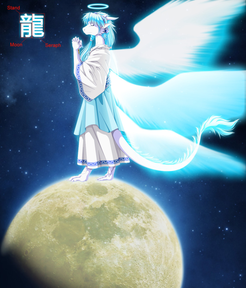 angel angel_dragon anthro blue_hair clothing dragon eyes_closed hair halo lizardseraphim long_hair missia moon scalie seraphim wings