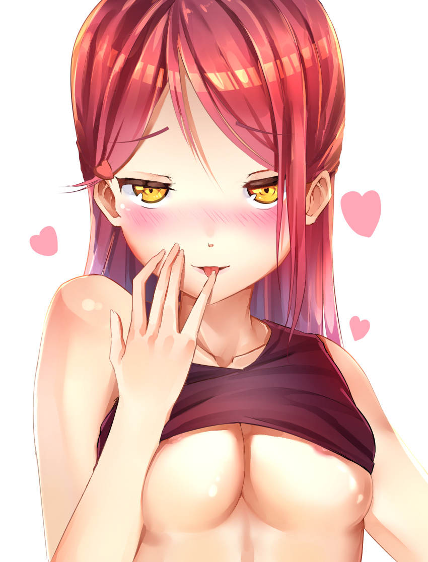 areolae black_shirt blush breasts eyebrows_visible_through_hair finger_licking finger_to_mouth hachinatsu hair_between_eyes heart heart_hands highres licking long_hair looking_at_viewer love_live! love_live!_sunshine!! medium_breasts red_hair sakurauchi_riko shirt shirt_lift simple_background sleeveless sleeveless_shirt solo tongue tongue_out upper_body white_background yellow_eyes