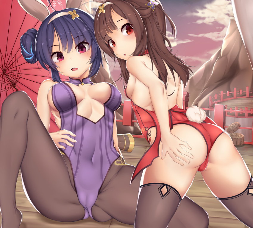 absurdres animal_ears ass azur_lane bangs bare_arms bare_shoulders braid breasts brown_hair brown_legwear bunny_ears bunny_girl bunny_tail bunnysuit cloud commentary covered_navel double_bun eyebrows_visible_through_hair hair_between_eyes hairband head_tilt highres kana616 kneeling large_breasts leotard long_hair looking_at_viewer looking_back multiple_girls ning_hai_(azur_lane) no_shoes oriental_umbrella outdoors pantyhose parted_lips ping_hai_(azur_lane) purple_eyes purple_hair purple_leotard red_eyes red_leotard red_umbrella side_bun sitting sky small_breasts tail thighhighs umbrella white_hairband