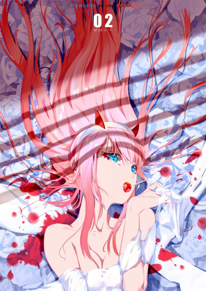 bare_shoulders blue_eyes breasts candy covering covering_breasts darling_in_the_franxx food highres horns large_breasts long_hair looking_at_viewer nude open_mouth pink_hair solo ya_yan zero_two_(darling_in_the_franxx)