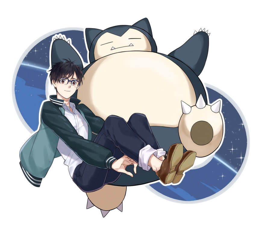 al_(ahr) black_hair blue-framed_eyewear brown_eyes collared_shirt denim fangs gen_1_pokemon glasses highres jacket jeans katsuki_yuuri male_focus pants pokemon pokemon_(creature) shirt smile snorlax yuri!!!_on_ice