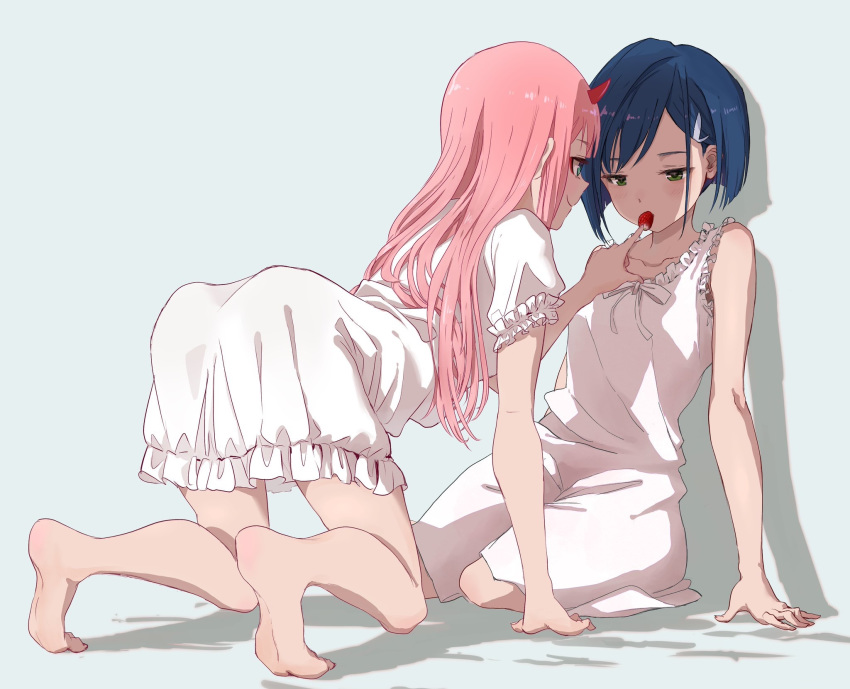 all_fours aqua_eyes arm_support ass bangs bare_arms bare_shoulders barefoot blue_background blue_hair blush breasts closed_mouth collarbone darling_in_the_franxx dress eyeliner feeding food food_in_mouth frilled_dress frills fruit full_body green_eyes hair_ornament hairclip half-closed_eyes hand_up hasisisissy highres horn ichigo_(darling_in_the_franxx) long_hair looking_at_another looking_down makeup md5_mismatch mouth_hold multiple_girls object_namesake parted_bangs pink_hair ribbon shade shadow shiny shiny_hair short_hair short_sleeves simple_background sitting sleeveless sleeveless_dress small_breasts smile straight_hair strawberry wariza white_dress white_ribbon yokozuwari yuri zero_two_(darling_in_the_franxx)
