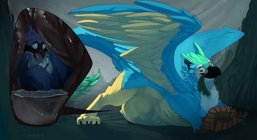 2017 avian bird blue_eyes blue_feathers blue_jay corvid coulias duo feathers gryphon internal male male/male mountain open_mouth sammy73 size_difference vore yellow_eyes