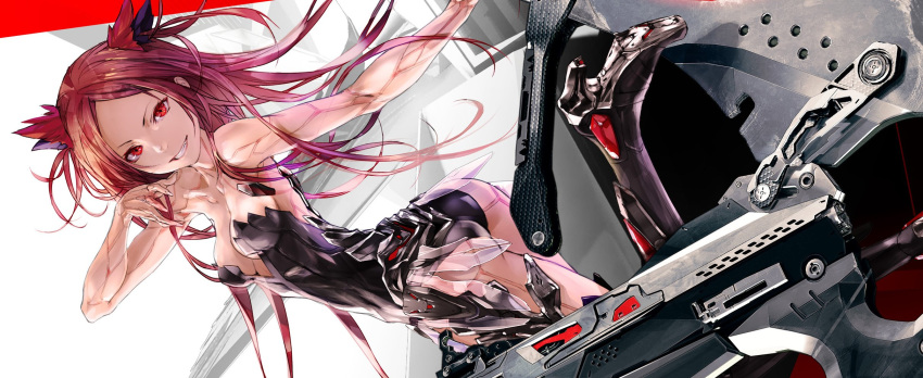 android armpits bangs bare_shoulders beatless black_legwear blue_eyes bodysuit boots breasts cleavage collarbone commentary_request floating_hair grin hand_up high_heel_boots high_heels highres huge_weapon kouka_(beatless) long_hair looking_at_viewer medium_breasts outstretched_arm parted_bangs parted_lips red_eyes red_hair redjuice robot_joints science_fiction sideboob sidelocks smile solo thigh_boots thighhighs very_long_hair weapon