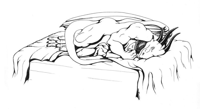 2005 anthro bed bed_sheet bedding claws dragon duo embrace human male mammal muscular nude twentieth wings