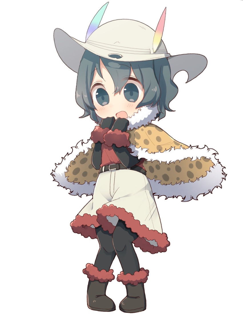 :d adapted_costume belt black_footwear black_gloves black_legwear blue_eyes blue_hair boots capelet chibi full_body fur-trimmed_boots fur-trimmed_capelet fur-trimmed_shorts fur_collar fur_trim gloves hat hat_feather highres kaban_(kemono_friends) kemono_friends open_mouth pantyhose pantyhose_under_shorts pigeon-toed print_capelet red_shirt serval_print shirt short_hair short_shorts shorts simple_background smile solo white_background white_hat yutsu