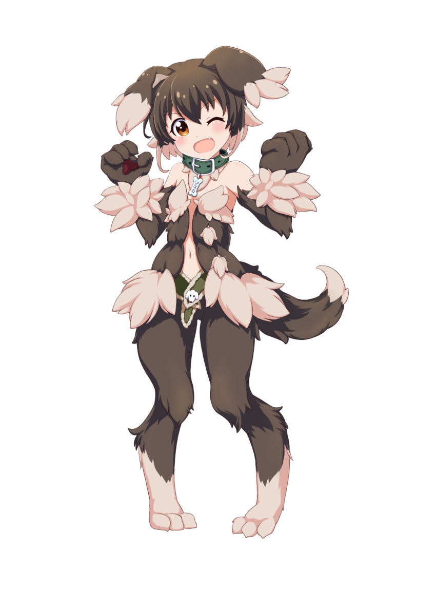 ;d animal_ears bare_shoulders battle_girl_high_school brown_eyes brown_hair collar commentary_request dog_ears dog_tail fang full_body fur hair_between_eyes hands_up highres kobold_(monster_girl_encyclopedia) lee_xianshang looking_at_viewer minami_hinata monster_girl_encyclopedia monsterification navel one_eye_closed open_mouth paws petite short_hair simple_background smile solo standing tail white_background