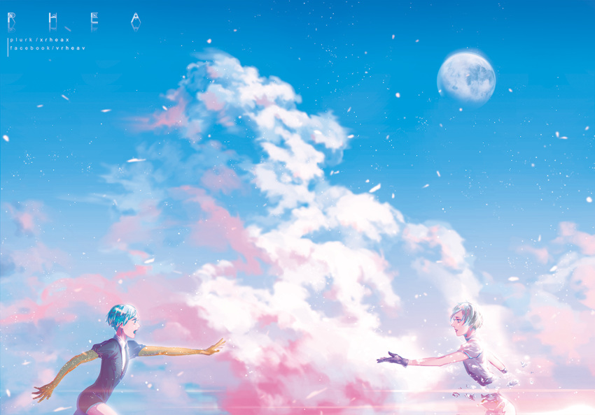 amputee androgynous antarcticite aqua_eyes aqua_hair blue_eyes blue_sky breaking cloud day from_side full_moon gem_uniform_(houseki_no_kuni) gloves golden_arms green_hair houseki_no_kuni moon multiple_others necktie open_hand outdoors outstretched_arm outstretched_hand phosphophyllite reaching running severed_torso shards short_hair sky spoilers white_hair xrheax