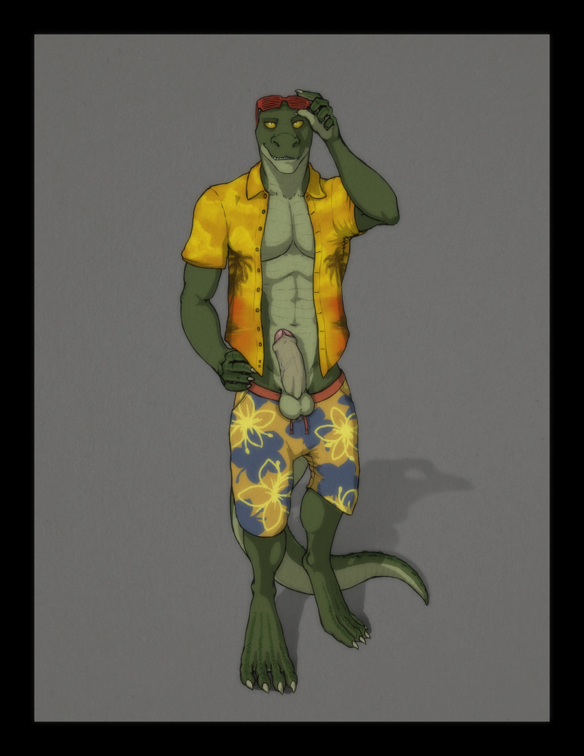 clothing crocodile crocodilian erection eyewear hawaaian_shirt male penis pinup pose reptile scalie skawinski sunglasses swimsuit vaisz