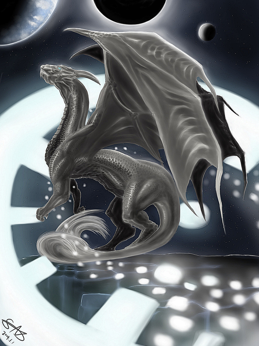 2014 digital_media_(artwork) dragon feral grey_scales horn membranous_wings scales shadownight456 sky solo star starry_sky wings