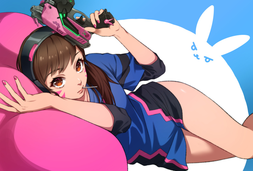 :3 adapted_costume bangs bare_legs blue_shirt brown_eyes brown_hair bubble_blowing candy charm_(object) chewing_gum closed_mouth d.va_(overwatch) eyebrows_visible_through_hair eyelashes facepaint facial_mark feet_out_of_frame fingernails food gun hand_up handgun headphones highres holding holding_gun holding_weapon legs legs_together lips lollipop long_fingernails long_hair looking_at_viewer lying mouth_hold nail_polish nose on_side overwatch pillow pink_lips pink_nails pistol shirt sleeves_past_elbows solo sumino_akasuke trigger_discipline v-shaped_eyebrows weapon whisker_markings