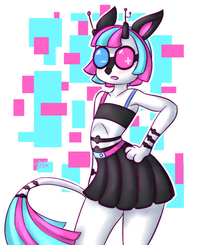absurd_res antennae blush breeoche caprine clothed clothing crop_top dr.neon eyewear feline female floraverse glasses goat hand_on_hip hi_res hybrid kid_neon mammal scrapgoat shirt simple_background solo standing tiger turf_tiger