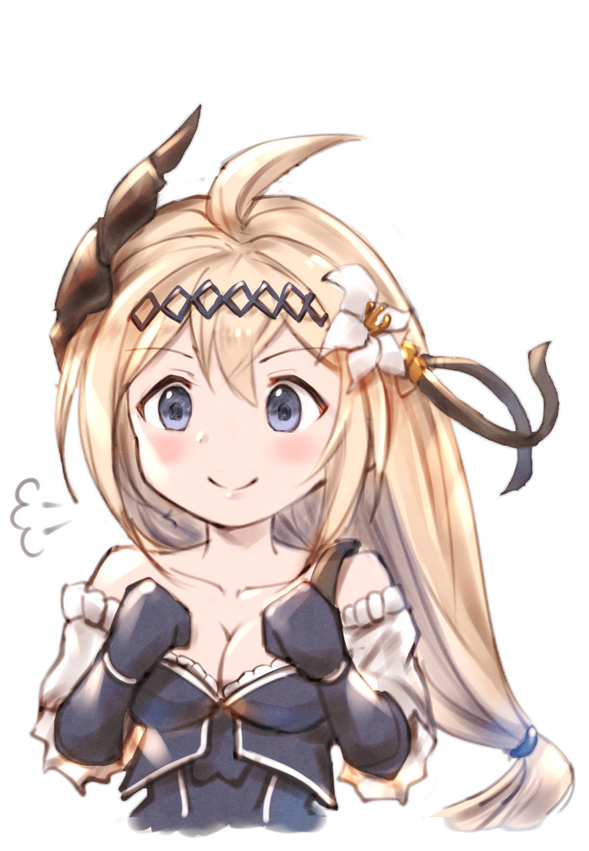 &gt;:) absurdres ahoge bangs bare_shoulders black_ribbon blonde_hair blue_dress blue_eyes blue_gloves blush breasts cleavage closed_mouth collarbone commentary_request detached_sleeves dress elbow_gloves eyebrows_visible_through_hair flower gloves granblue_fantasy hair_between_eyes hair_flower hair_ornament hair_ribbon highres horns jeanne_d'arc_(granblue_fantasy) long_hair long_sleeves low-tied_long_hair medium_breasts milli_little ribbon smile solo transparent_background v-shaped_eyebrows very_long_hair white_flower