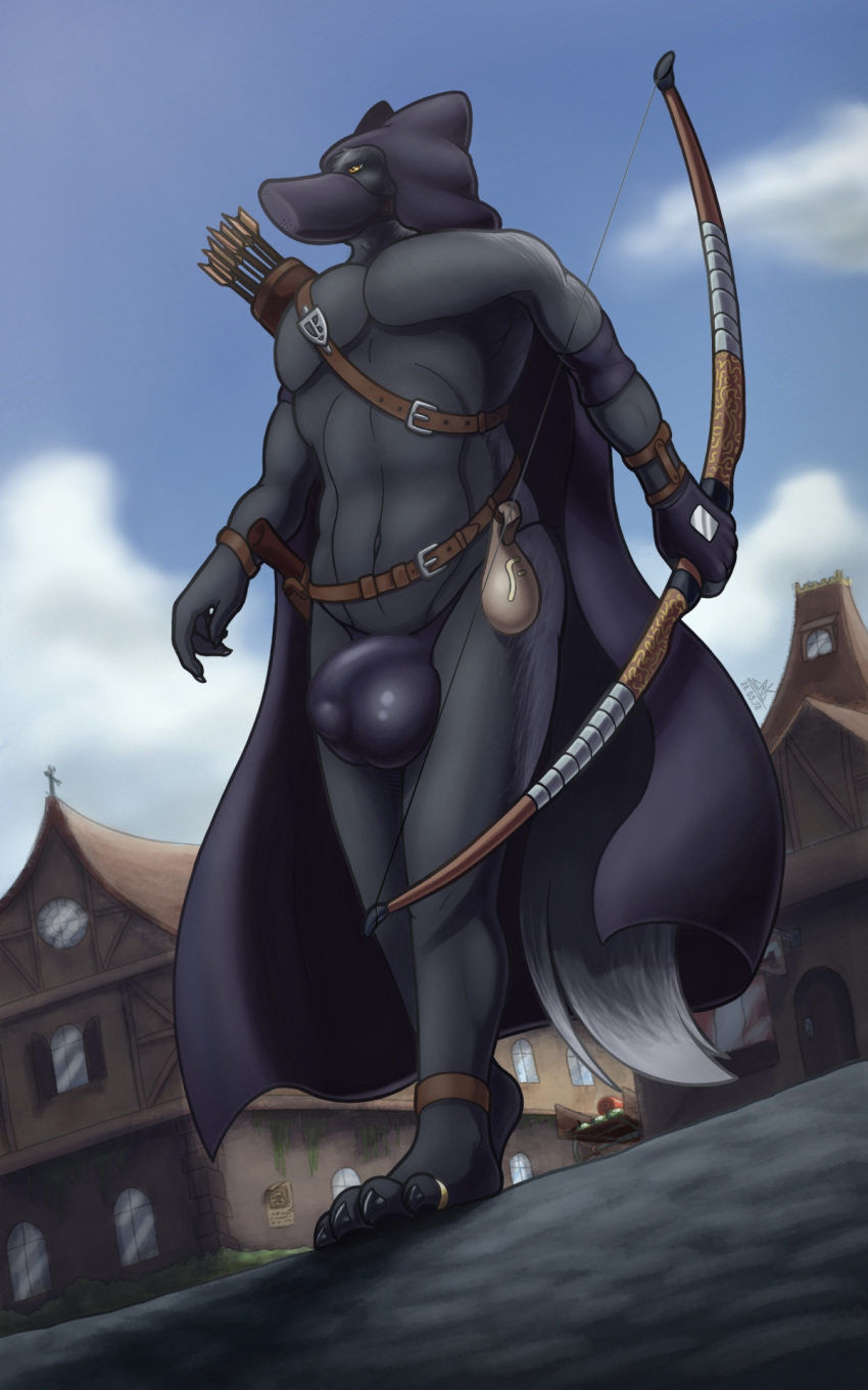 2018 4_toes anthro armor arrow barefoot biceps big_bulge biped bow_(weapon) bulge canine cape city cloak clothed clothing corrsk day detailed_background digital_media_(artwork) fantasy feet fox front_view full-length_portrait fur grey_fur hi_res ineffective_clothing jewelry knife male mammal mostly_nude orange_eyes outside paws pecs penis_outline portrait quiver ranged_weapon ring silver_fox skimpy sky solo standing toe_ring toes unconvincing_armor underwear weapon