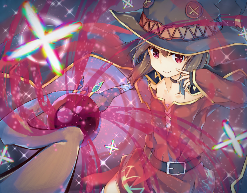 belt bibisuka black_belt black_gloves black_hair cape capelet collar dress fingerless_gloves gloves glowing hat holding holding_staff kono_subarashii_sekai_ni_shukufuku_wo! magic megumin red_dress red_eyes short_hair_with_long_locks solo staff witch_hat