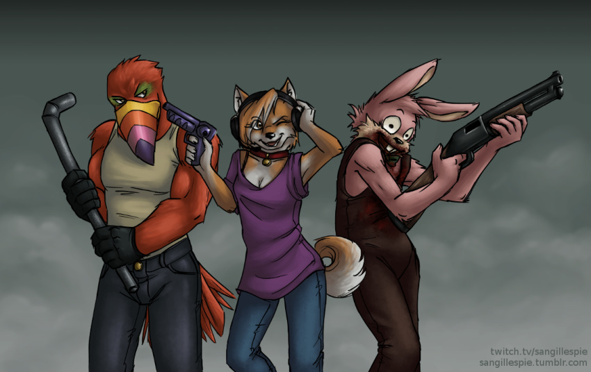 2015 5_fingers anthro anthrofied avian baggy_clothing beak biceps biped bird black_eyes black_nose blood blue_bottomwear blue_clothing breasts brown_eyes brown_fur brown_hair brown_tail buckteeth canine claws cleavage clothed clothing collar countershade_arms countershade_face countershade_tail countershade_torso countershading creepy dog eye_markings eyelashes feather_tuft feathers female fog frown fur gloves gloves_(marking) green_markings grey_background grey_bottomwear grey_clothing group gun hair half-closed_eyes hand_on_head head_tuft headphones holding_object holding_weapon humanoid_hands improvised_weapon jeans konami lagomorph looking_at_another looking_away male mammal markings medium_breasts mira_(silent_hill) multicolored_beak multicolored_fur multicolored_hair muscular muscular_male muzzle_(marking) one_eye_closed open_mouth open_smile orange_beak orange_stripes overalls pants pink_beak pink_fur pink_stripes pipe purple_beak purple_clothing purple_stripes purple_topwear rabbit ranged_weapon raygun red_feathers red_tail robbie_the_rabbit shiba_inu shirt short_hair shotgun silent_hill simple_background smile standing striped_beak stripes tail_feathers tan_countershading tan_fur tank_top teeth tigerinspace tookie_the_toucan toucan tuft two_tone_fur two_tone_hair two_tone_tail unimpressed url video_games weapon white_clothing white_countershading white_fur white_hair white_tail white_topwear wide_eyed wink yellow_beak
