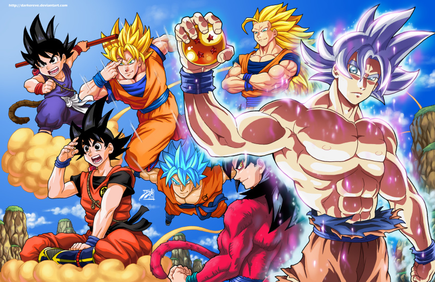 ahoge black_hair commentary darwin_nunez dougi dragon_ball dragon_ball_(classic) dragon_ball_(object) dragon_ball_gt dragon_ball_super dragon_ball_z flying flying_nimbus highres looking_at_viewer midair monkey_tail multiple_persona open_mouth parted_lips shirtless silver_hair smile son_gokuu spiked_hair staff super_saiyan super_saiyan_3 super_saiyan_4 super_saiyan_blue tail ultra_instinct