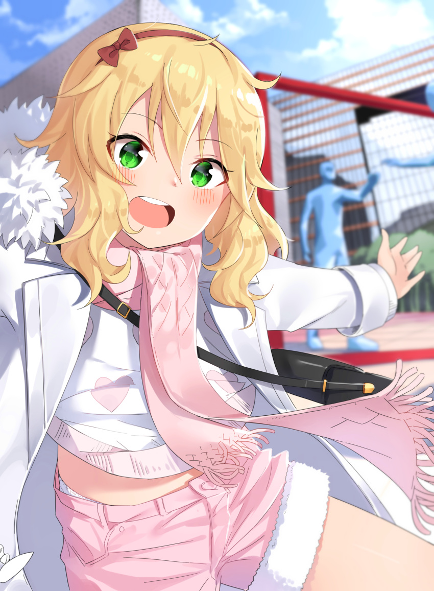 :d absurdres bangs blonde_hair blue_sky blurry blurry_background blush bow brown_bow brown_hairband building cloud cloudy_sky coat day depth_of_field eyebrows_visible_through_hair fringe_trim fur-trimmed_coat fur-trimmed_shorts fur_trim green_eyes hair_between_eyes hair_bow hairband heart heart_print highres idolmaster idolmaster_cinderella_girls long_hair long_sleeves looking_at_viewer noria open_clothes open_coat open_mouth outdoors outstretched_arm panties pink_scarf pink_shorts print_shirt sakurai_momoka scarf shirt short_shorts shorts sky skyscraper smile solo underwear upper_teeth white_coat white_panties white_shirt